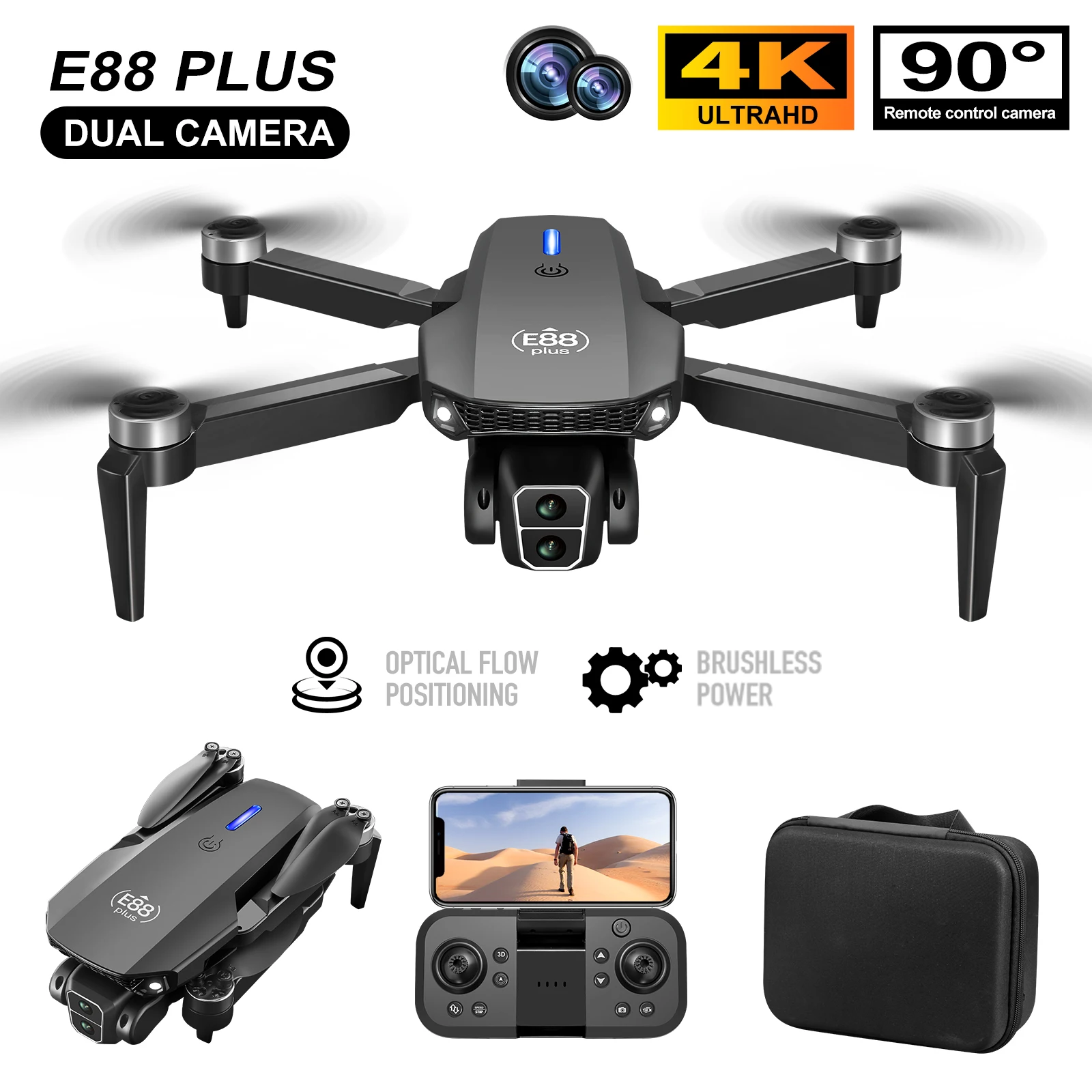 Drone Gimbal Brushless - Novo drone quadricóptero E88 Plus: 90